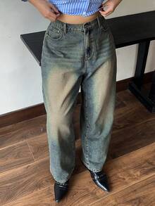 Dazy Plus Vintage Washed Loose Straight Leg Maxi Jeans, Street Style Plus Size Women Long Denim Pants, All Season