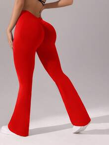 SHEIN Sports Women's Solid Color High Waist Ruched Flare Pants - Red - View 4