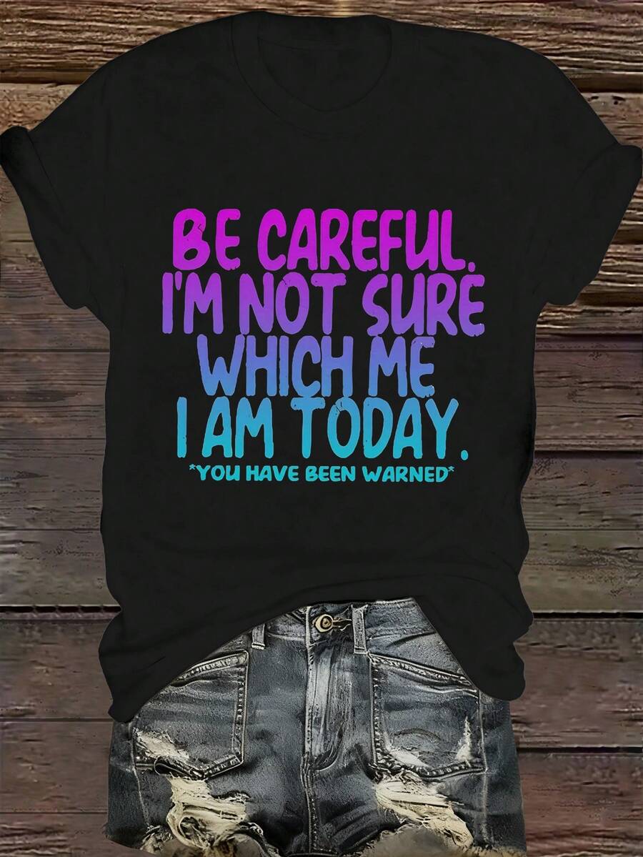 EMERY ROSE Camiseta de mujer talla grande con cuello redondo y estampado de eslogan, casual de verano - Negro - Ver 1