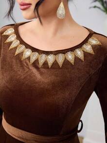 Al Najma Autumn/Winter Rhinestone Collar Long Sleeve Elegant Party & Outing Women's Arabic Dress - Coffee Brown - View 7