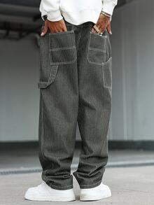 Manfinity Hypemode 男士休闲竖条纹多口袋军绿色工装牛仔裤，街头时尚 - 軍綠色 - 查看 2