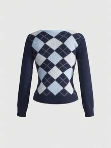 ROMWE Kawaii Women's Y2K Preppy Style Argyle Cute Bow Patchwork Fitted Sweater