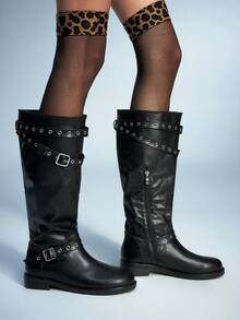 Sugerpunk Botas altas hasta la rodilla con cremallera y hebilla ajustable de moda para mujer - Negro - Ver 3