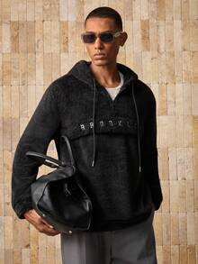 Manfinity VCAY Men Drop Shoulder Teddy Drawstring Hoodie, For Fall Winter - Black - View 4