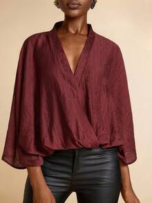 SHEIN Veneréa Women's Elegant Fashion Batwing Sleeve Bodysuit - Coffee Brown - View 6