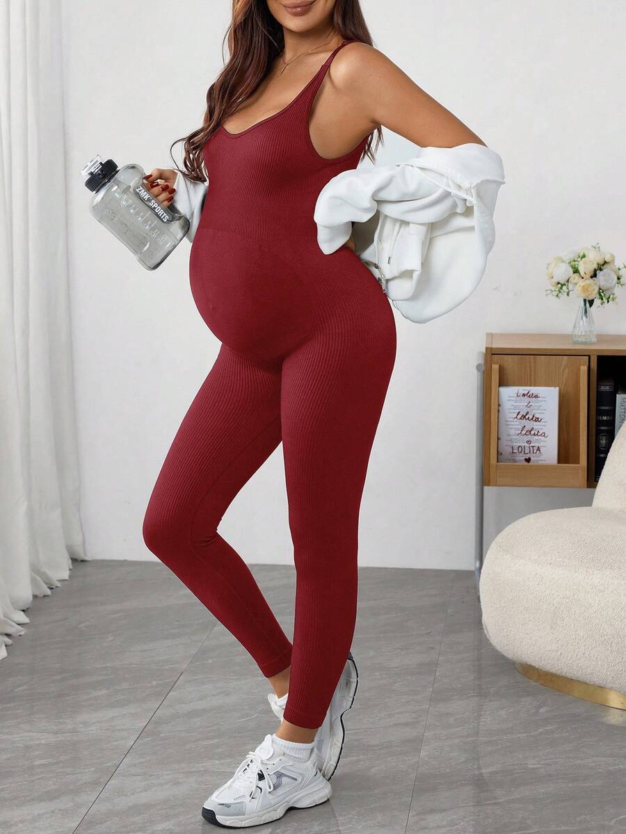 SHEIN Maternity Solid Color Sleeveless Fitted Jumpsuit - Burgundy - View 1