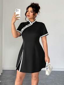 Elenzga 大码女式新款时尚百搭弹力梭织修身纽扣式中国新年旗袍 - 黑色 - 查看 6