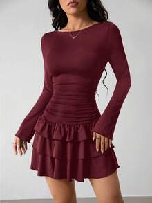 SHEIN PETITE Đầm dài tay màu đen viền bèo nhún thanh lịch dành cho nữ - Màu Đỏ Sâu - Xem 8