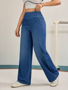 Flexra Damskie jeansy z wysokim stanem i kieszeniami, z szerokimi nogawkami, luźne, uniwersalne - Niebieski - Zobacz 5