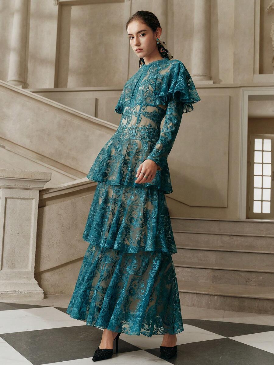 Anewsta Savoree Váy Giáng sinh màu xanh lá cây dành cho nữ, váy ren nhiều lớp viền bèo nhún lãng mạn - màu xanh lá - Xem 1