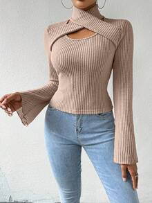 RosyDaze Áo thun tay dài dáng rộng raglan cổ cao màu trơn, tay loe, bo gân, khoét lỗ - Lạc đà - Xem 3