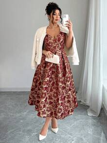 Elenzga 大码女士提花优雅吊带连衣裙，适合婚礼宾客、秋冬季穿着 - 酒紅色 - 查看 5