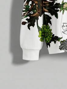 ROMWE Avant Chinese Style Tiger Character Calligraphy, Love Slogan, Rose & Chrysanthemum All-Over Print Loose Fit Sweatshirt For Women - White - View 4