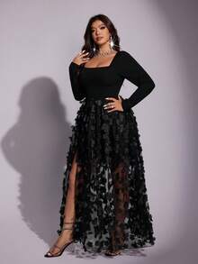 Viva Relle Đầm xòe tay dài cổ vuông họa tiết hoa thêu hoa cỡ lớn thời trang gợi cảm - màu đen - Xem 6