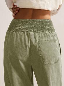 Bohemela Women's Casual Solid Color Woven Loose Low Waist Pants, Autumn/Winter Boho Style - Olive Green - View 6