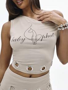 BABYPHAT Off Shoulder Eyelet Top With Logo Script Print Cropped Bardot Style - Brown - View 1