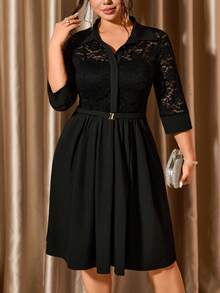 Allurite Plus Size Women Contrast Lace 3/4 Sleeve Elegant Shirt Dress - Black - View 4