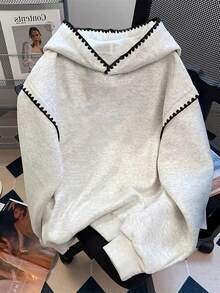 Resyla 女士卫衣/可爱小猫印花/休闲简约时尚卫衣/时尚上衣/卡通卫衣/复古冬季卫衣/秋冬宽松圆领长袖连帽衫/女士春季套头衫、时尚卫衣、女士蕾丝撞色连帽衫、长袖上衣、秋冬连帽衫 - 灰色 - 查看 2