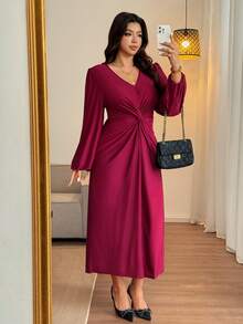 Vionelle Plus Size Satin Shiny Long Dress With Lantern Sleeves, Twist Front Detail, Hidden Zipper, Romantic Party Dress, Autumn/Winter Women Elegant Dress Elegant Midi Dress Long Sleeve Elegant Dress Twist Front Dress Curve Elegant Dress Chinese New Year - Burgundy - View 5