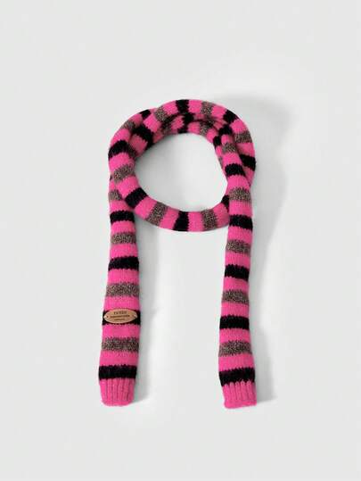 Anime 1 pieza Bufanda de mujer a rayas de estilo vintage, patchwork de colores contrastantes, en negro y rosa, con estilo punk y kawaii, adecuada para la calle, el campus y el transporte.