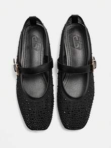 CUCCOO CURVES Women's Rhinestone Decor Buckle Design Fashion Wide Fit Flat Shoes For Christmas Valentine's Day - Black - View 2