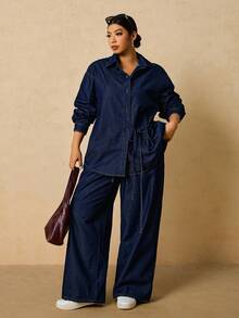 SHEIN Tall CURVE 大码女式长袖单排扣系带衬衫搭配阔腿牛仔裤休闲两件套，适合冬季、圣诞节、新年、感恩节、通勤、度假、毕业典礼等场合，兼具时尚感和Y2K风格，可爱街头风，适合派对、婚礼、商务休闲等各种场合。舒适的牛仔两件套，休闲长袖上衣搭配抽绳腰带阔腿牛仔裤，适合节日聚会等日常穿着。 - 藍色 - 查看 8