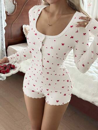 SHEIN Women's Half-Zip Bow & Heart Print Cute Ribbed Knit Jumpsuit, Casual & Comfortable Long Sleeve