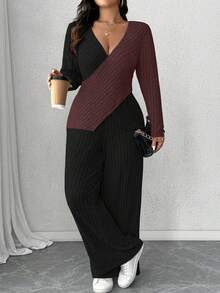 Calvaya Bộ đồ mặc nhà thường ngày 2 món áo thun dài tay dệt kim gân mềm mại cỡ lớn + quần ống rộng gân mềm mại - màu nâu - Xem 6