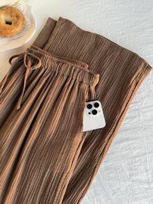 Comfortcana 大码女式纯色褶皱纹理宽松抽绳腰带系带阔腿休闲宽松阔腿裤，夏季，夏裤 - 棕色 - 查看 8