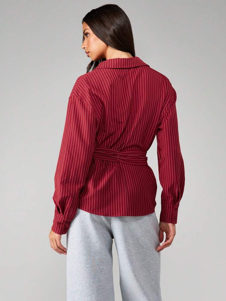 MISSGUIDED Belted Stripe Deep Cuff Poplin Shirt In Burgundy And White, Women