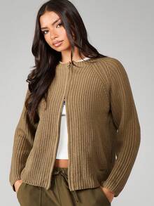 MISSGUIDED Women's Zip Through Ribbed Knit Cardigan With Round Neckline And Long Sleeves For Fall Winter Layering - Olive Green - View 3