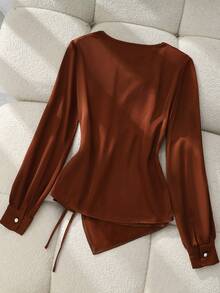 Franclia Women's Chocolate Brown Long-Sleeved Shirt,Autumn Elegant Office Top,Smooth Fabric V-Neck Waist-Cinching Design For Spring To Summer - Brown - View 2