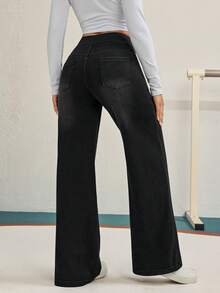 Flexra Pantalones vaqueros de pierna ancha de punto de estilo casual de calle para mujer - Negro - Ver 3