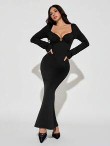 SHEIN PETITE Vestido elegante de unicolor con cuello corazón, manga larga, aro redondo, bajo de cola de pez, ajustado, escote bajo, vestido de cuello en V profundo, vestido largo negro, para mujeres petite - Negro - Ver 6