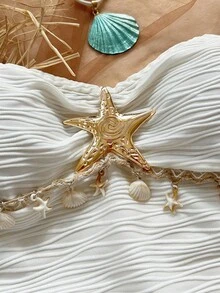 Soleia 春夏新款休闲度假西部海滩婚礼宾客礼服毕业早午餐女装，圣帕特里克节春假复活节音乐节优雅波西米亚热带露背金属装饰贝壳边针织纹理连体衣 - 白色 - 查看 5