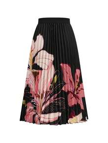 Ellevyn Women's Floral Print Elastic Waist Fashionable Elegant Pleated Midi Skirt - Black - View 2