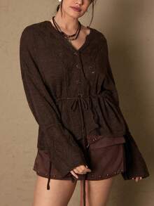 SHEIN VCAY Große Größen Lässig Vintage einfarbiger Cardigan mit Kordelzug in der Taille, Herbst - Braun - Übersicht 7