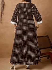 Rosumi 大码女士休闲度假圆领七分袖波点、格子和条纹拼接连衣裙 - 棕色 - 查看 7