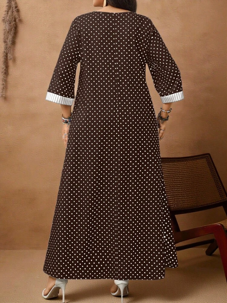 Plus Size Women Casual Vacation Round Neck 3/4 Sleeve Polka Dot, Plaid & Striped Patchwork Dress, Early Spring/Valentine's Day, Spring Break Outfits ,Valentine Outfits For Women ,Vacation Outfits Women ,Holiday Outfits For Women,Spring Dress Women,Going Out Outfits,2026 New Clothes,Simple And Fashionable For Everyday Wear,Casual Elegant Valentine's Day Party Everyday