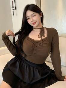 Dazy Plus Áo thun ngắn tay dài buộc dây màu trơn cỡ lớn dành cho nữ, mùa xuân/thu - màu nâu - Xem 8