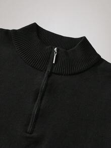 Officeau Men's Solid Color Front Half Zipper Long Sleeve Casual Sweater, Old Money Style, Fall/Winter - Black - View 4