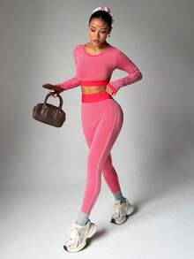 Sovereign Charm Seamless High Elasticity Rib Knit Women Sports Fitness Running Yoga Set Sexy Workout Clothes - Red - View 3
