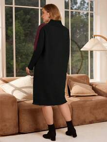EMERY ROSE 大码修身高领毛衣连衣裙，侧开衩设计，前短后长下摆，撞色袖子。采用多色纱线制成，舒适高品质。适合派对、音乐节、居家穿着、返校活动、送礼和购物。高领毛衣，冬季女装，优雅女装，秋季修身连衣裙，冬季服装，办公连衣裙，经典连衣裙，优雅连衣裙 - 黑色 - 查看 2