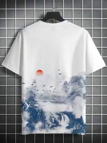 Manfinity Dauomo 中国传统山水画风格印花短袖T恤，男士休闲上衣 - 白色 - 查看 2