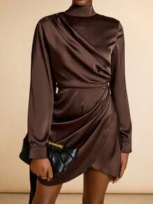 SHEIN Veneréa Satin Wrap Style + Backside Tie Short Dress