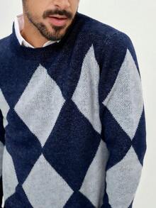 Manfinity CityGents Men's Casual Diamond Pattern Crew Neck Long Sleeve Sweater, Autumn/Winter Geometric Print Men Blue Sweater Mens Clothing - Navy Blue - View 4