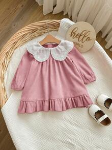 新生女宝宝可爱优雅红色彼得潘领长袖连衣裙 - 藕粉色 - 查看 10