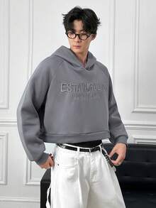 Manfinity BRENVOR Áo hoodie thường ngày tay raglan thêu chữ cho nam - Xám - Xem 3