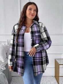 SHEIN LUNE Áo sơ mi kẻ caro dài tay cỡ lớn, thường ngày, mùa thu - Màu tím - Xem 5