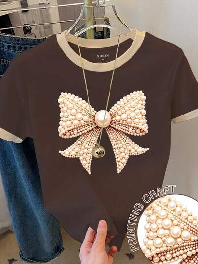 Resyla Women's Bow Print Color Block Round Neck Short Sleeve T-Shirt